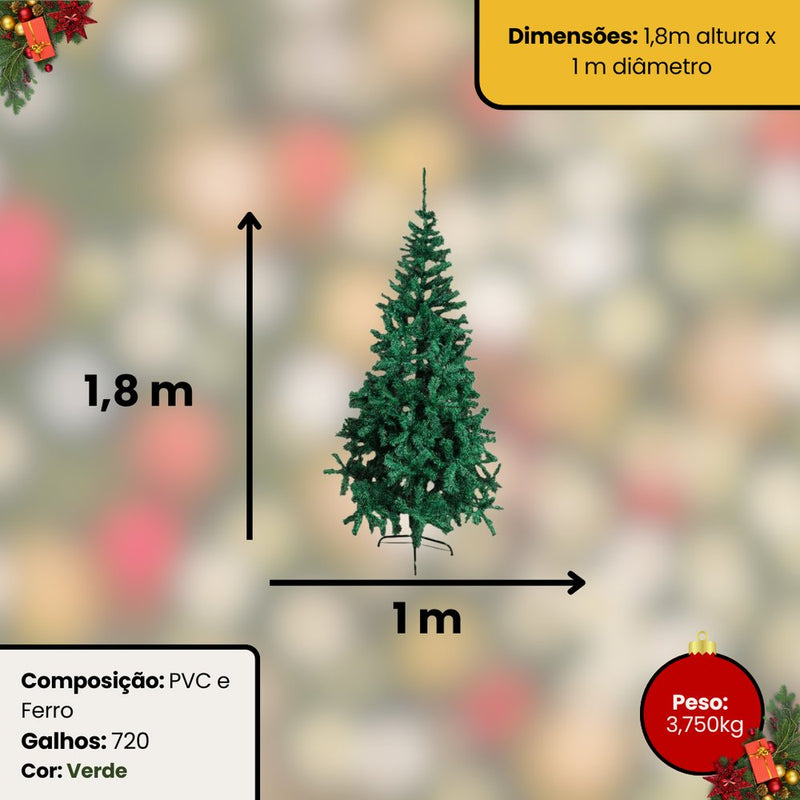 Árvore De Natal Pinheiro 1,80m 720 galhos  Verde